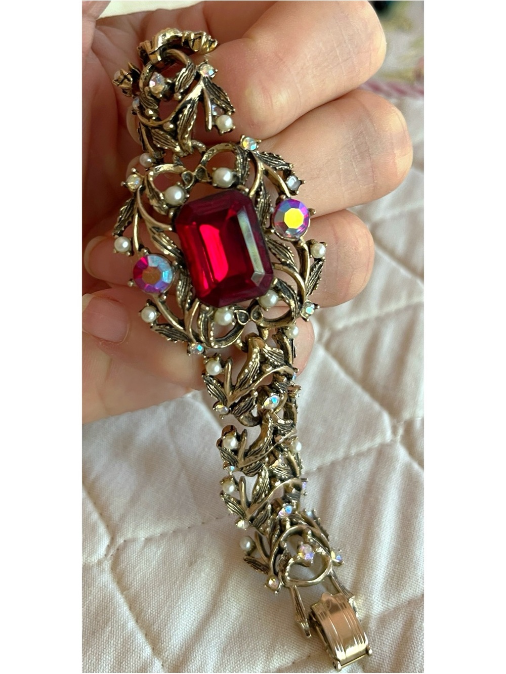 Vintage Antiqued Gold Tone Statement Bracelet with Red Rhinestone and Pearls - Picture 2 of 7